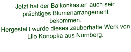 Jetzt hat der Balkonkasten auch sein prächtiges Blumenarrangement bekommen. Hergestellt wurde dieses zauberhafte Werk von Lilo Konopka aus Nürnberg.